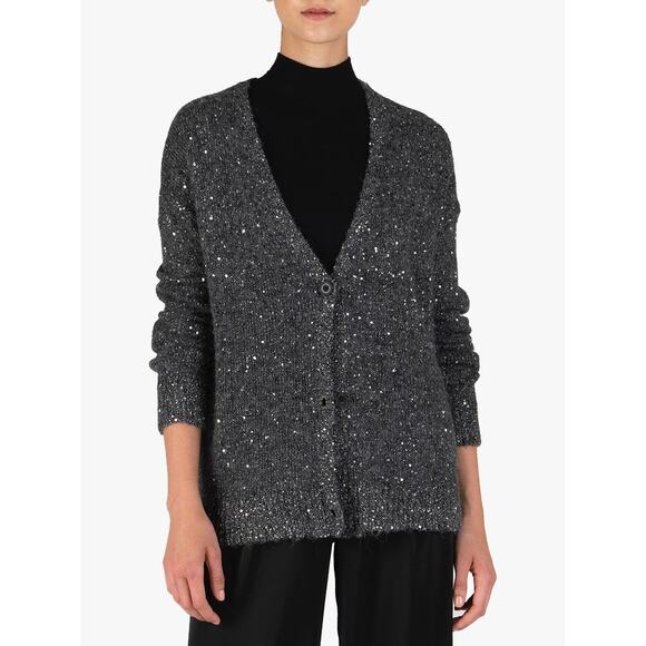 ATM NWT Charcoal Gray Sequin Button Cardigan Sweater Long Sleeve V-Neck Size XS - Picture 1 of 9